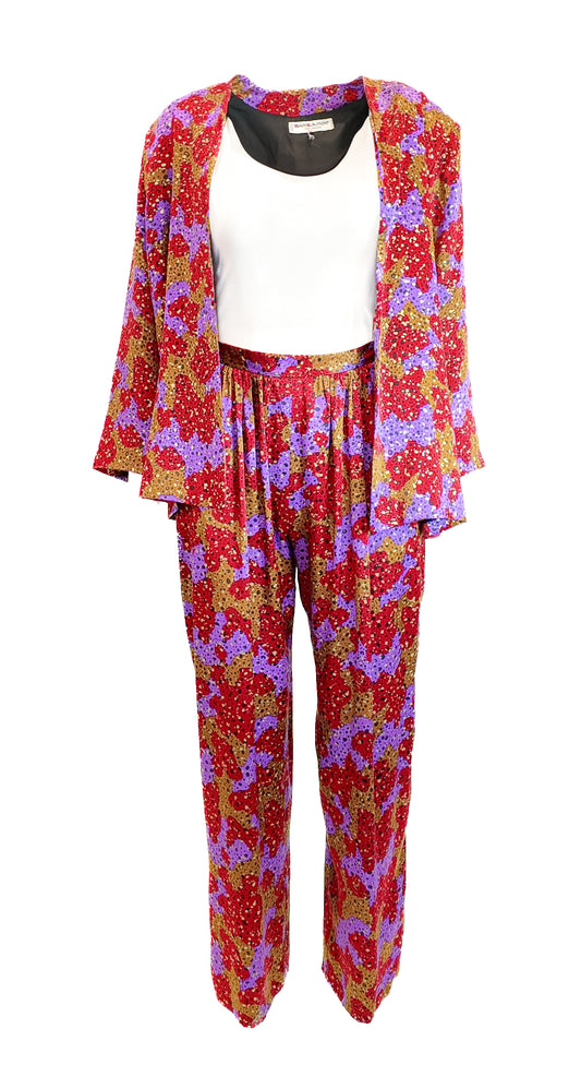 Yves Saint Laurent Rive Gauche Red Printed Silk Pant Set
