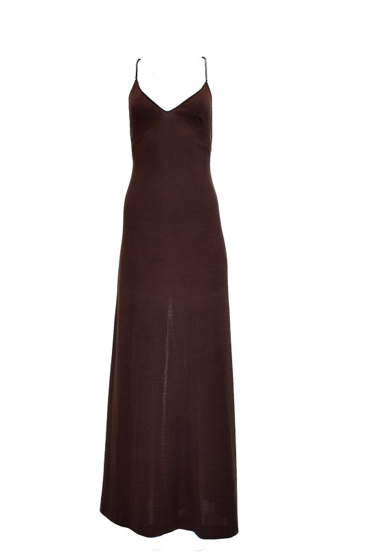 1970's Chocolate Brown Jersey Plunging Back Rhinestone Crossback Dress