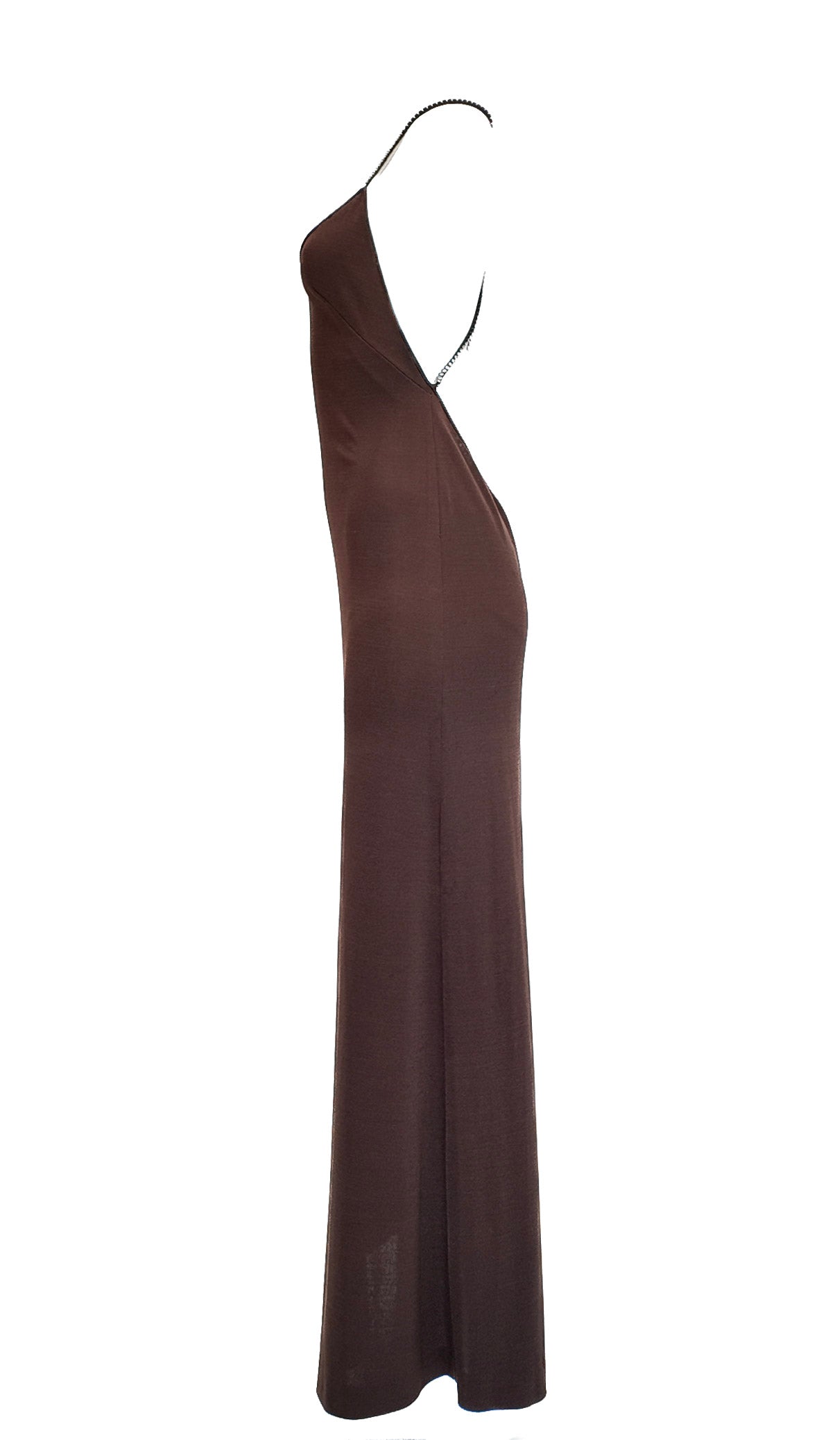 1970's Chocolate Brown Jersey Plunging Back Rhinestone Crossback Dress