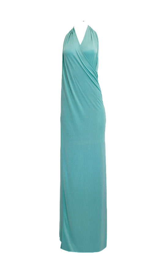 1970s Sky Blue Jersey Wrap Dress with Turban Set