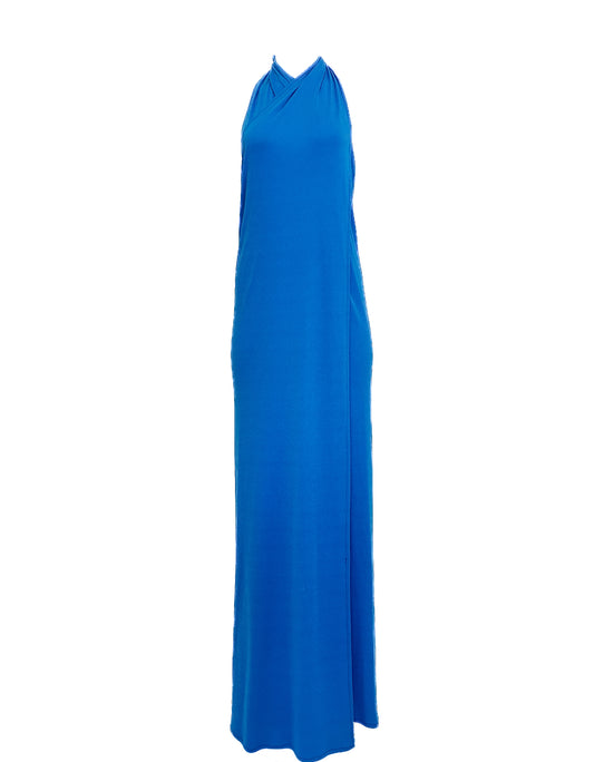 1970s Blue Jersey Wrap Dress with Turban Set