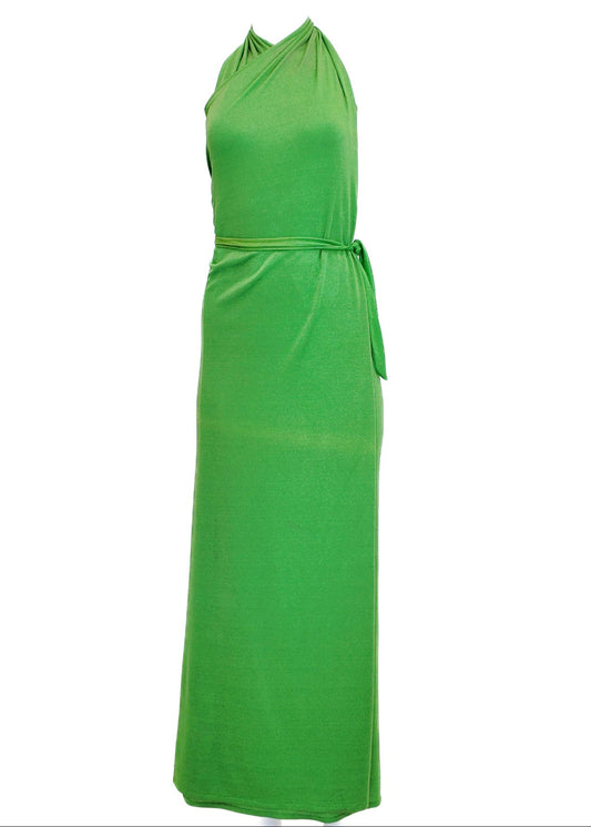 Vintage 1970s Apple Green Shimmer Jersey Wrap Dress With Belt Included