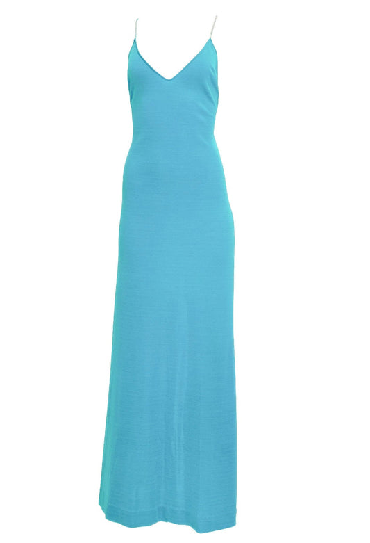 Vintage 1970s Plunging Back Turquoise Jersey Rhinestone Strap Dress