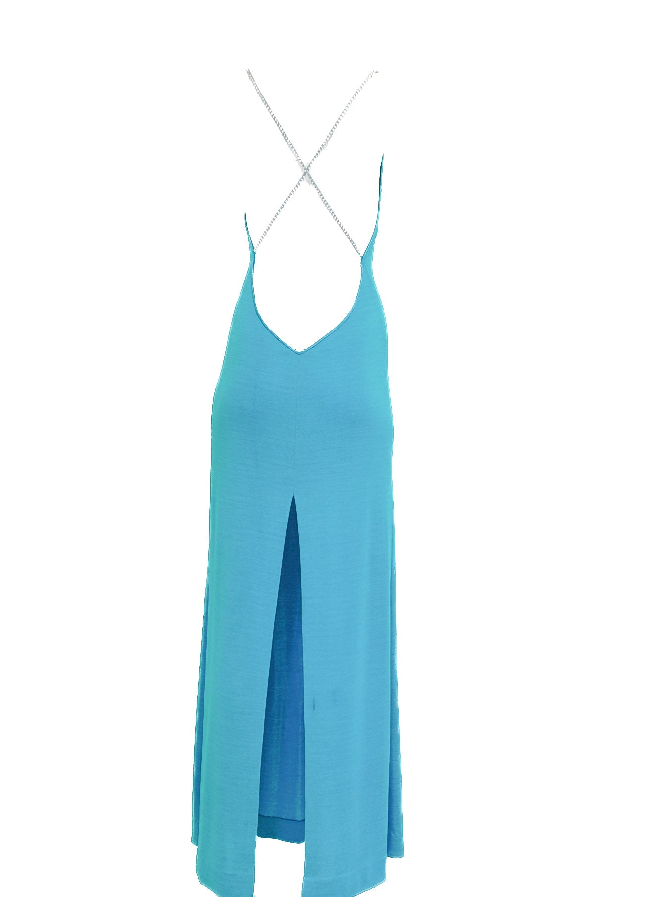 1970s Plunging Back Turquoise Jersey Rhinestone Strap Dress