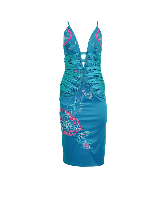 2004 Turquoise Mandalay satin embroidered midi dress