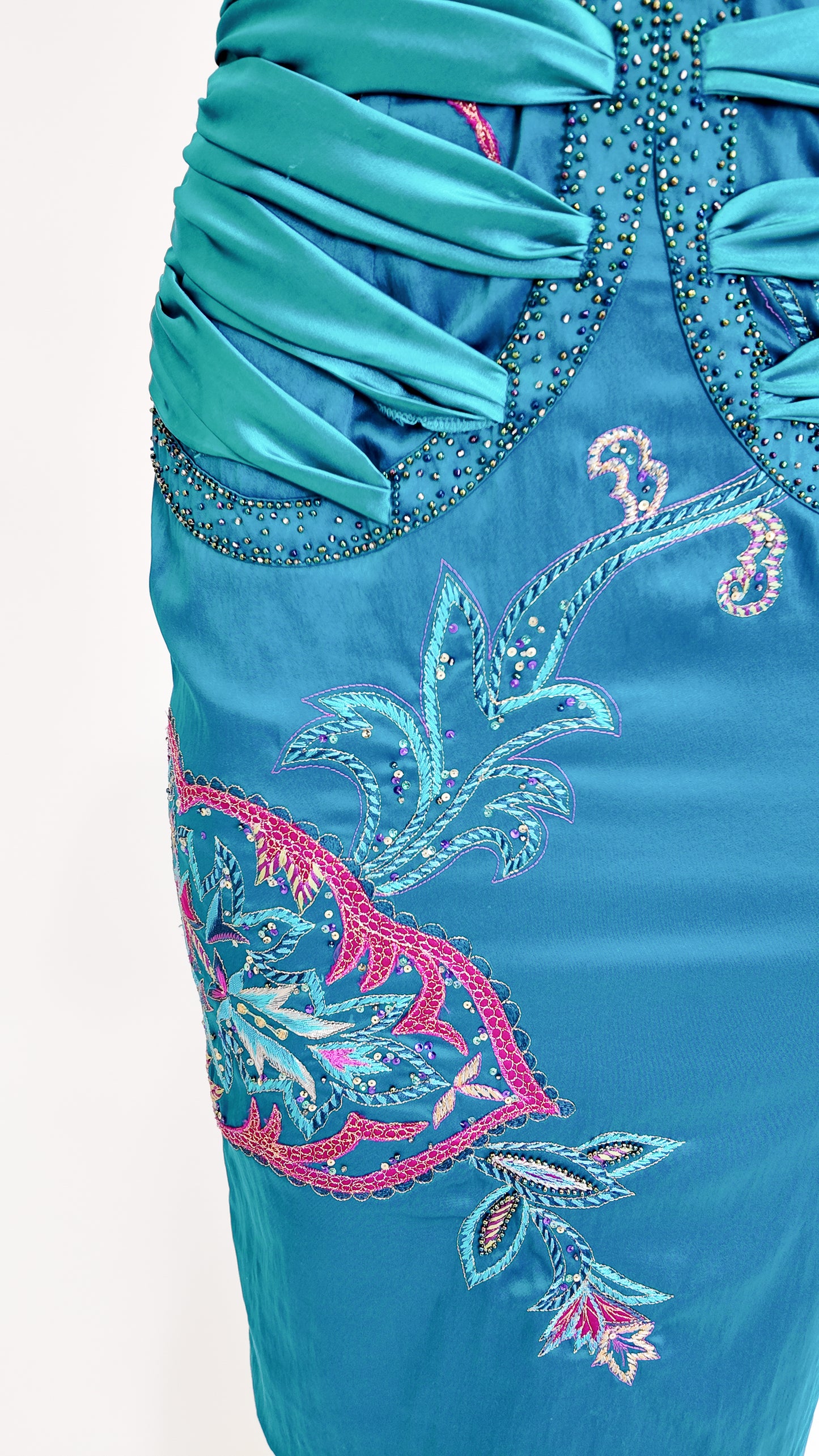 Mandalay 2004 Satin Turquoise Embroidered Midi Cocktail Dress