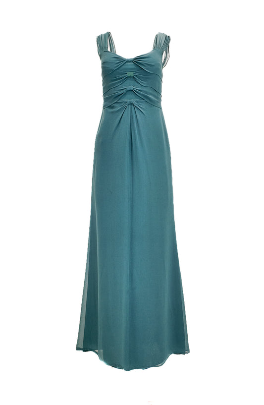 Moschino Teal evening gown with bows on a white background
