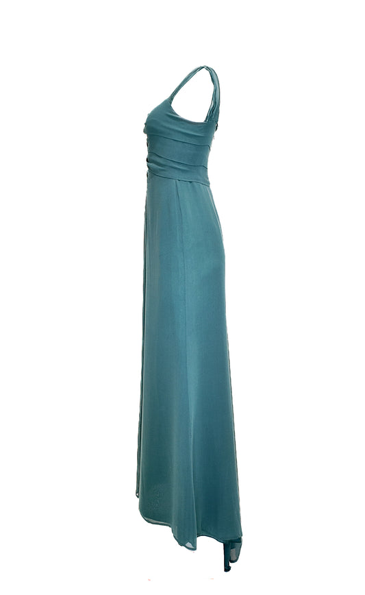 side view of teal evening dress
