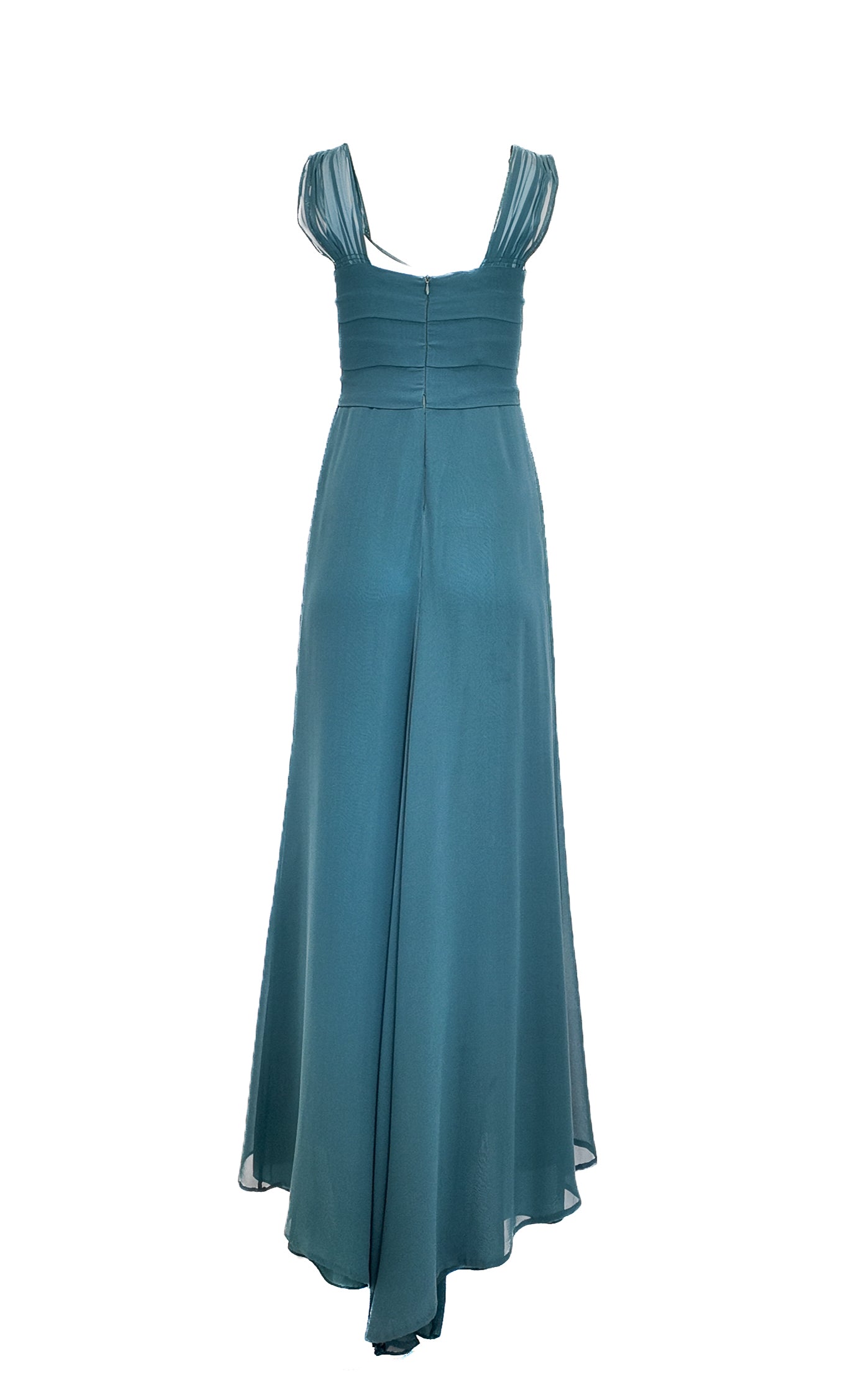 Teal evening gown with sheer straps on a white background