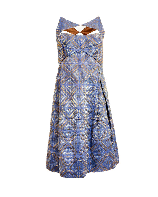 Blue patterned dress on a white background