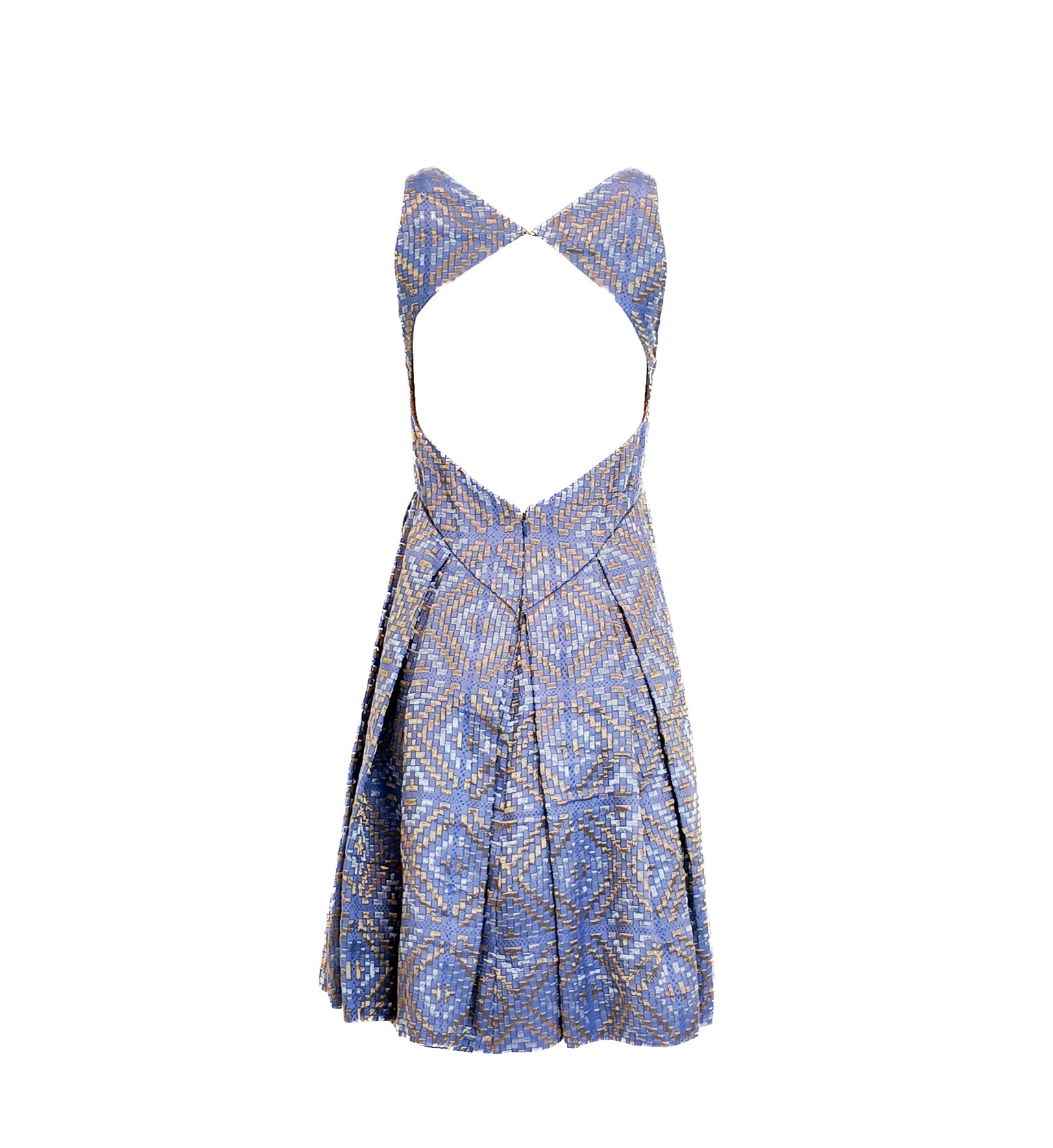 Back of Blue patterned dress on a white background