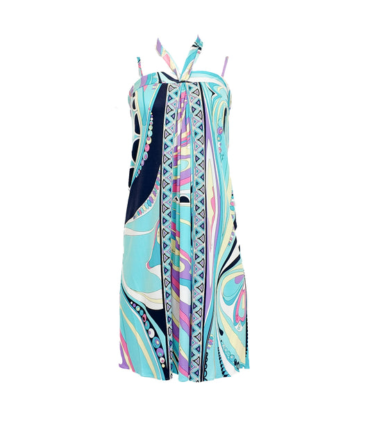 Emilio Pucci Aqua Blue Printed Halter Short Dress