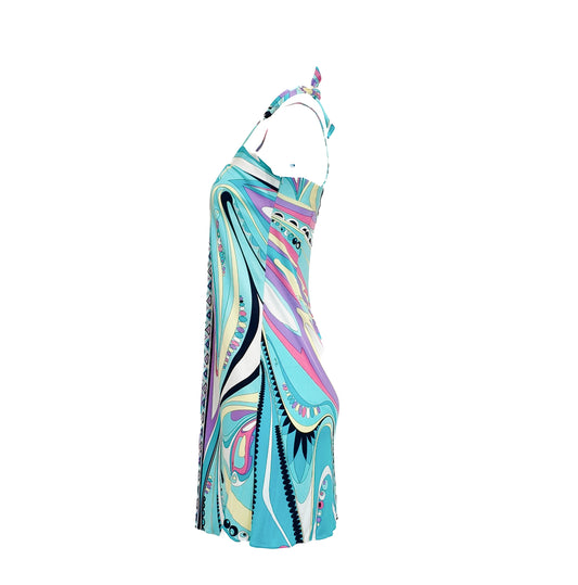 Emilio Pucci Aqua Printed Halter Above the Knee Slip Dress