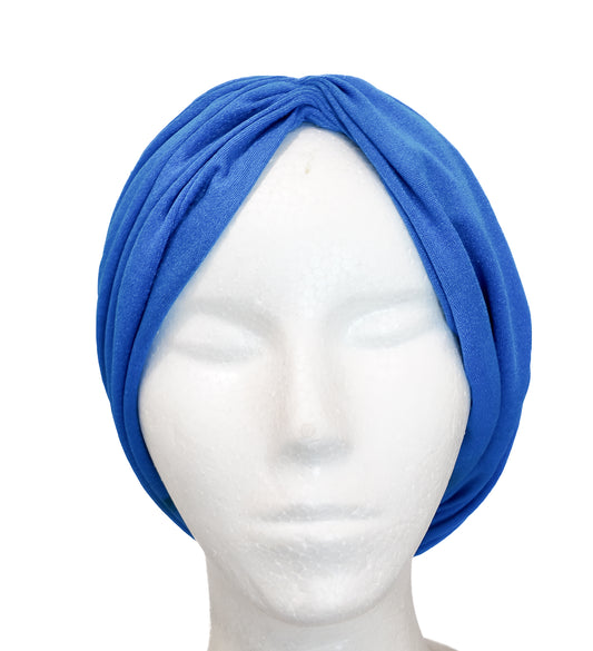 1970s Blue Jersey Wrap Dress with Turban Set