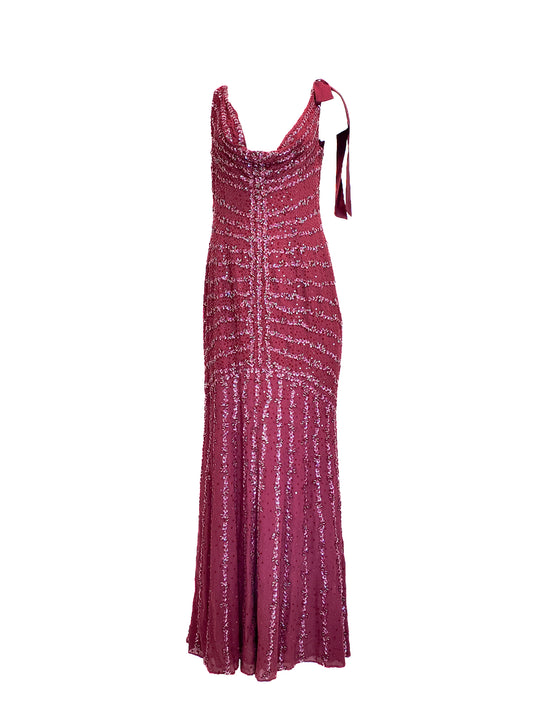 Berry sequin gown with cowl neck on white background