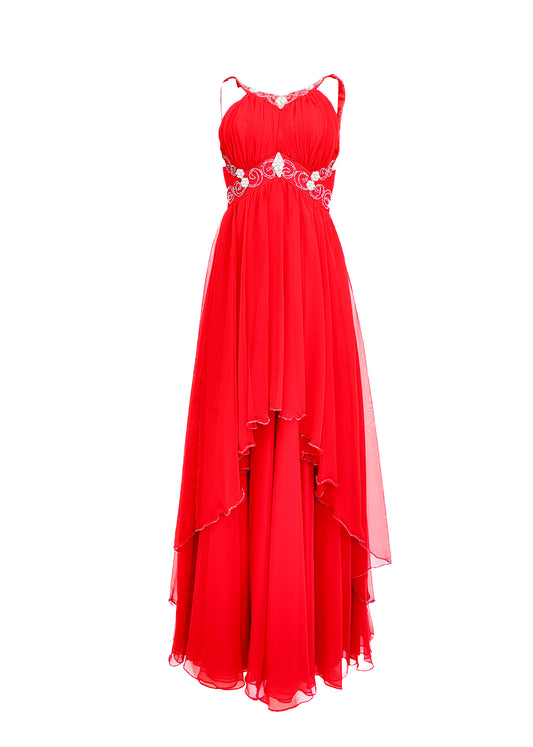 Red evening gown with pearls and beaded embroidery on a white background