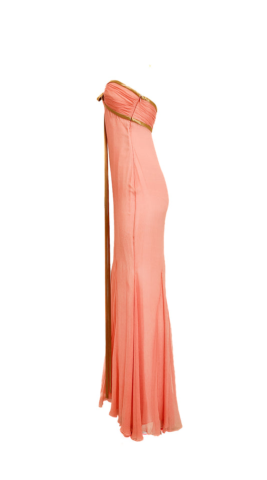 J Mendel Coral Strapless Halter Silk Chiffon Gown with Gold Ribbon