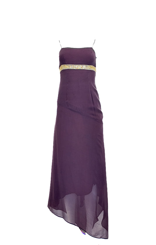 Eggplant Purple evening gown with gold empire waistband on a white background