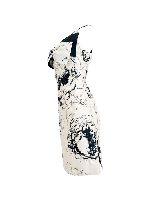 White dress with black abstract patterns on a white background