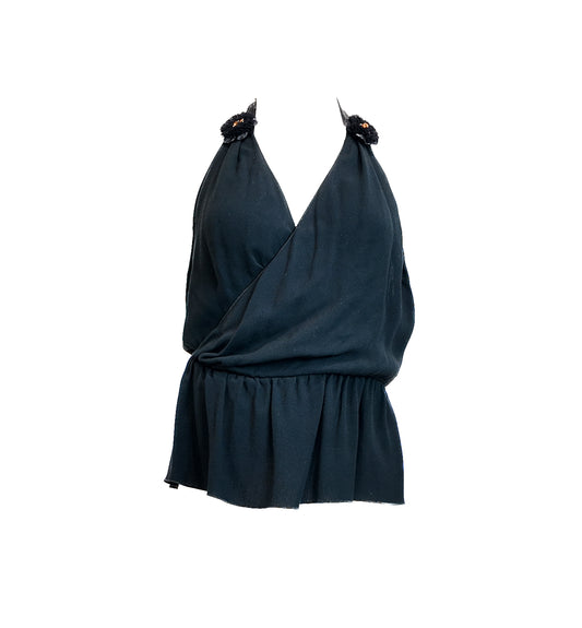 D&G Black Open Back Halter Top with Rosettes