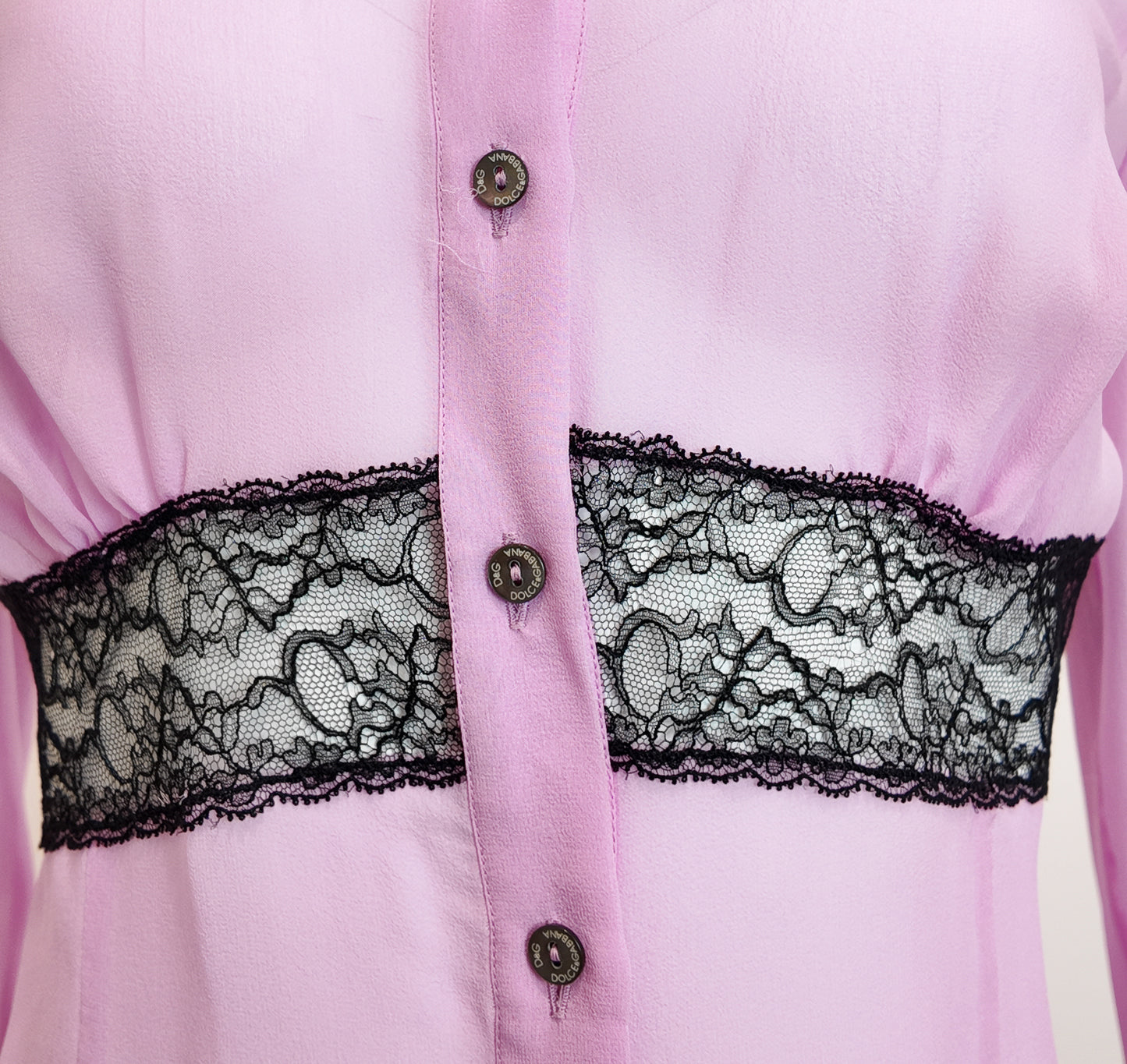 D&G Pink Long Sleeve Button Down Lace Trim Blouse