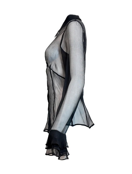 D&G Black Sheer Button Down Blouse with Ruffled Sleeves
