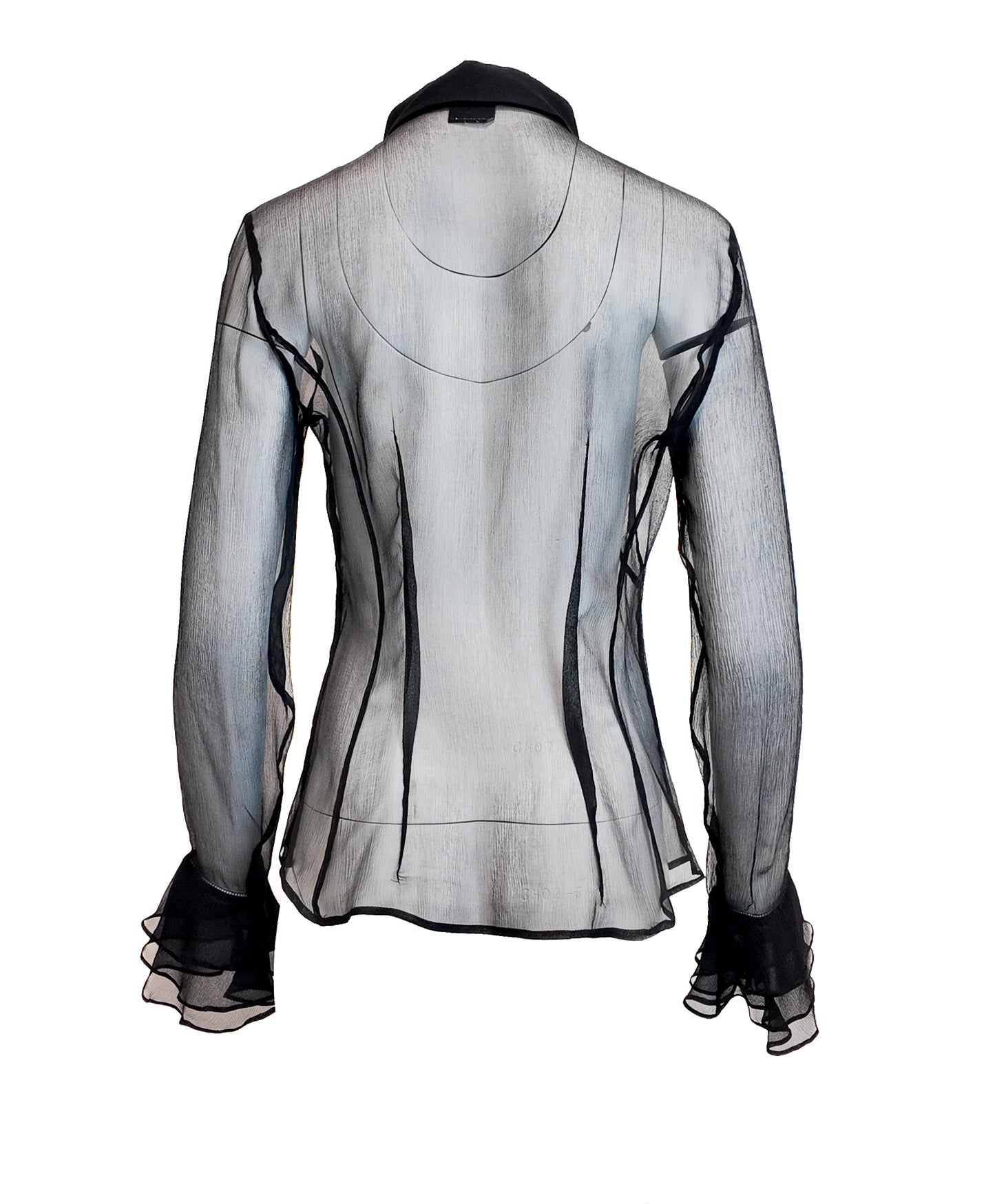 D&G Black Sheer Button Down Blouse with Ruffled Sleeves