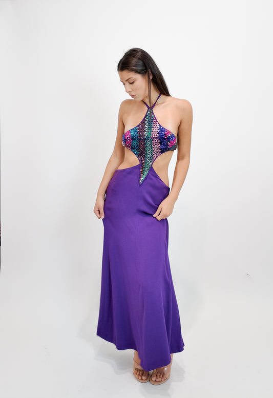 Reinhard Luthier Custom Purple 1970's Backless Sequin Dress