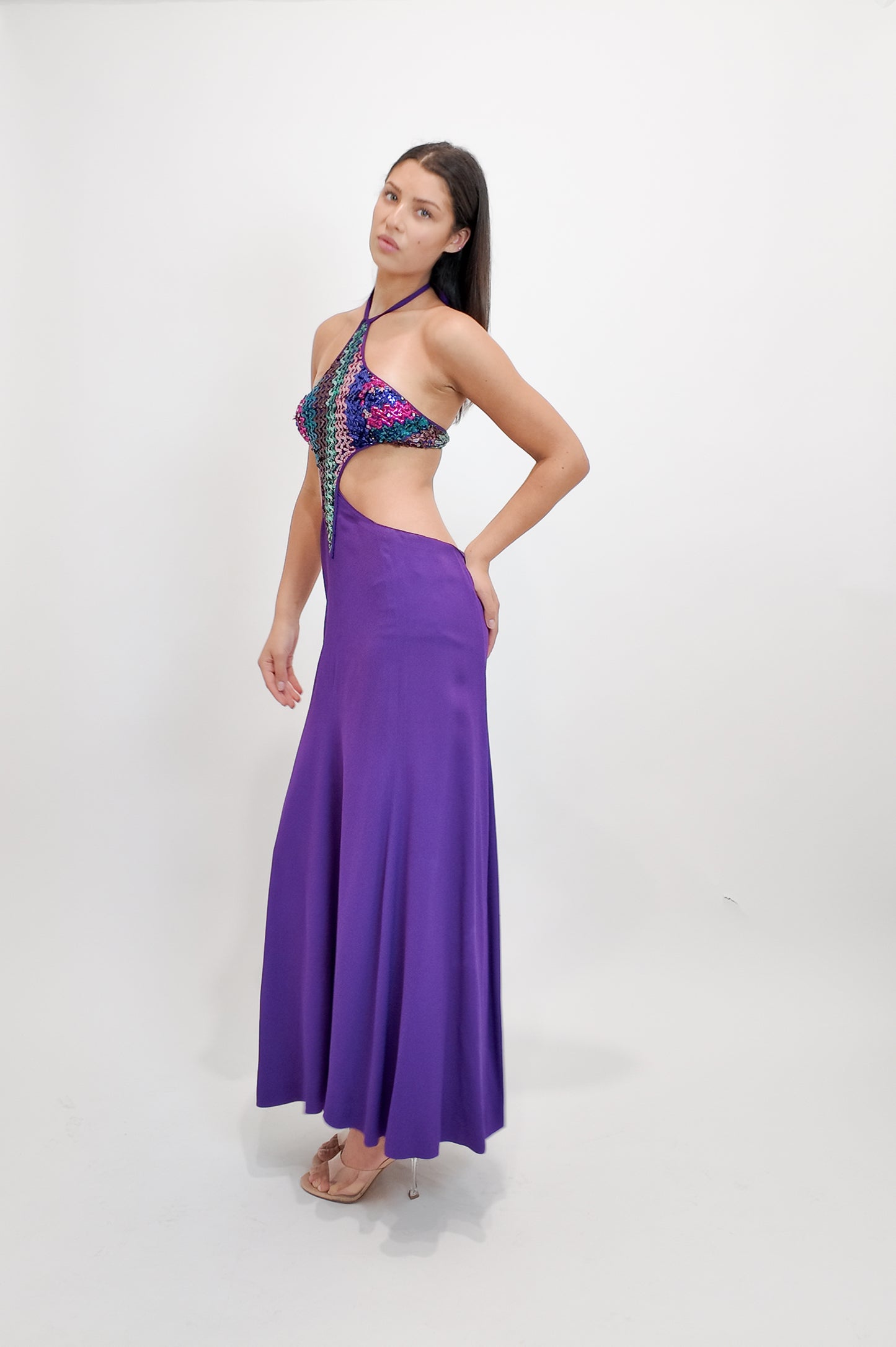 Reinhard Luthier Custom Purple 1970's Backless Sequin Dress