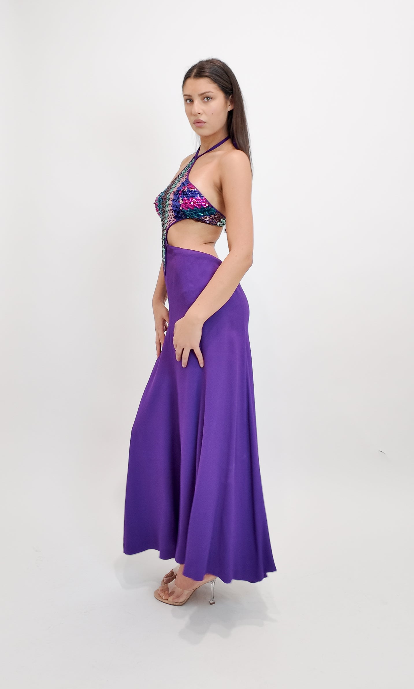 Reinhard Luthier Custom Purple 1970's Backless Sequin Dress