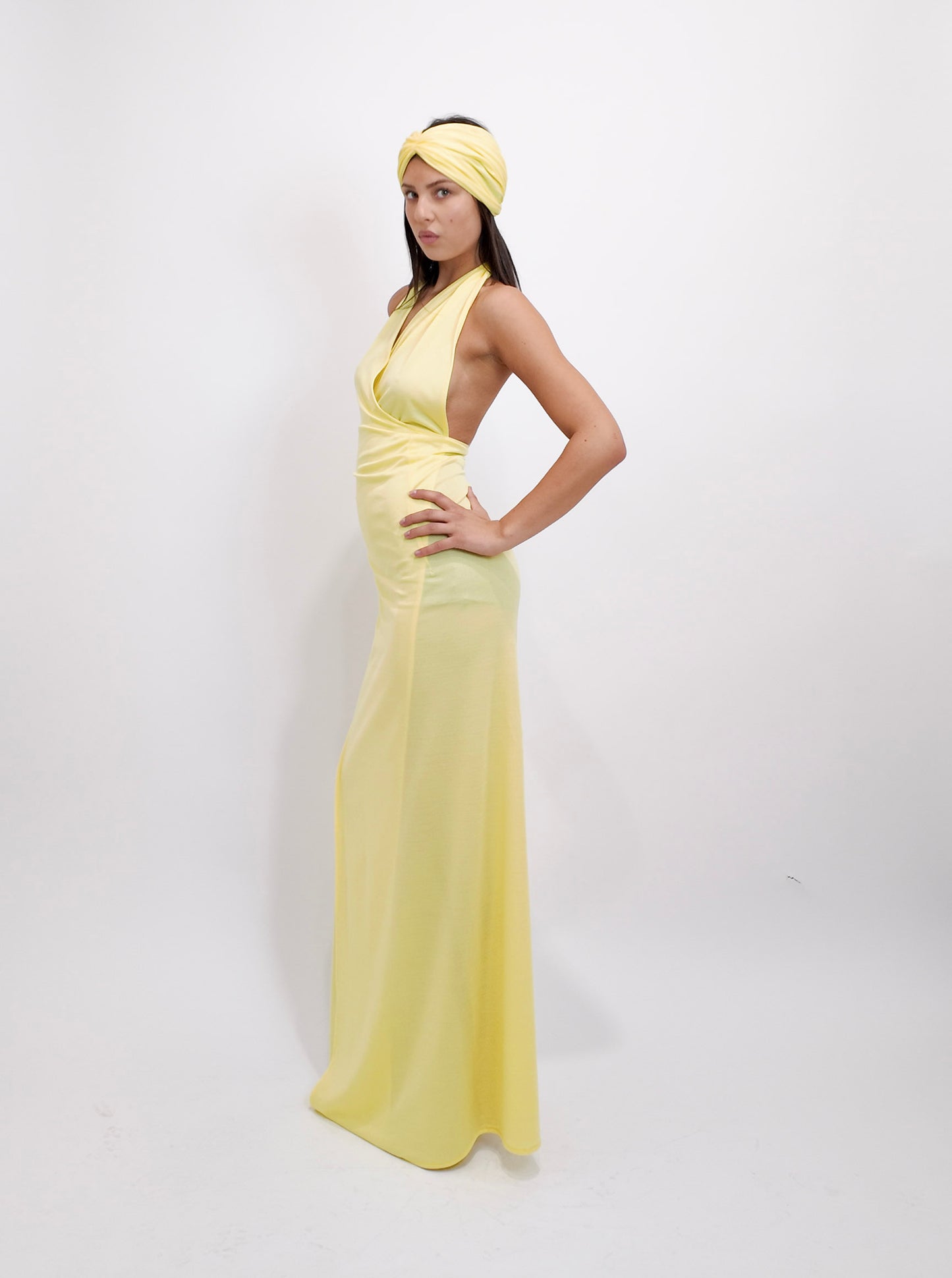 1970s Yellow Jersey Halter Wrap Dress and Turban Set
