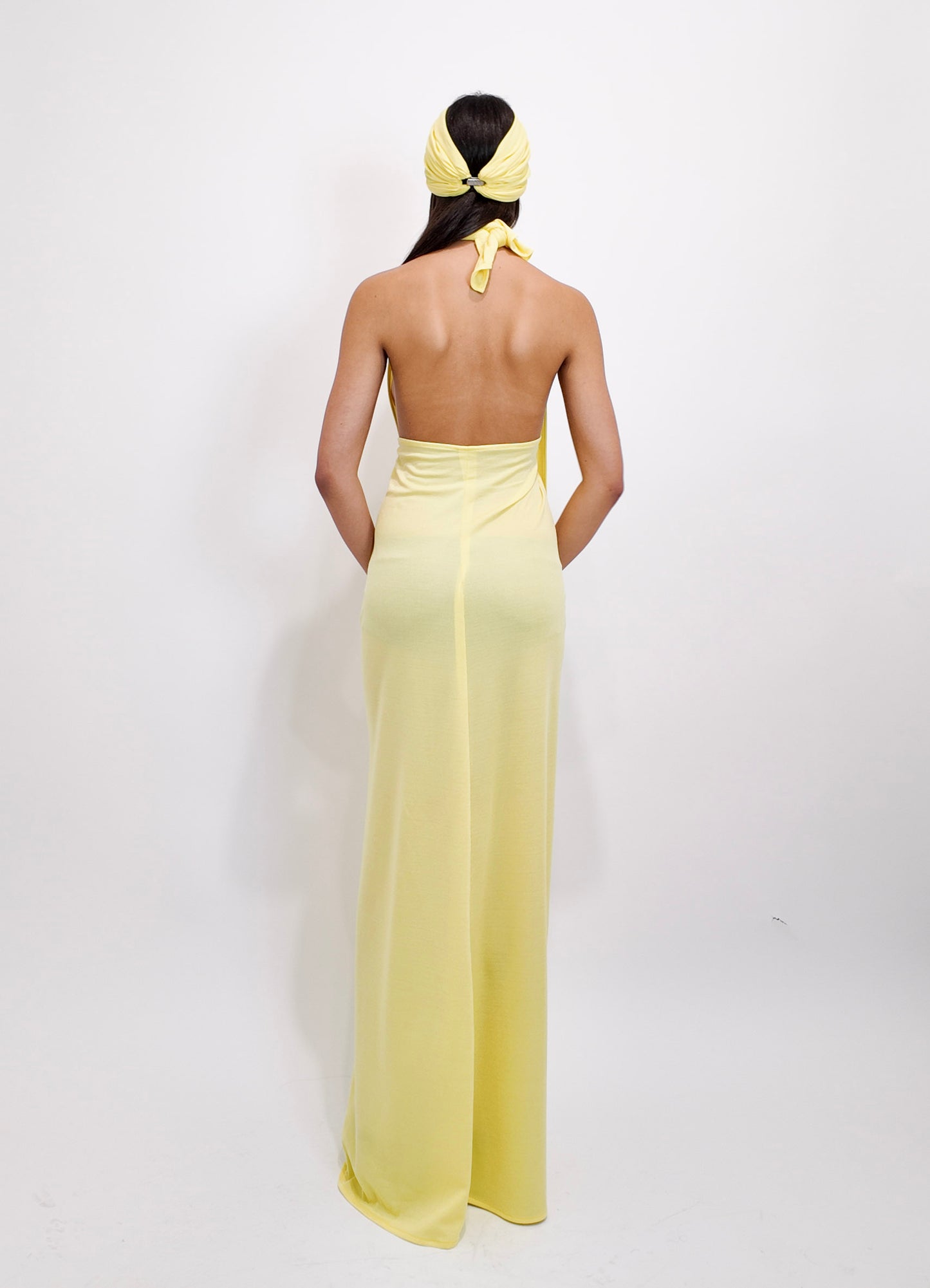 1970s Yellow Jersey Halter Wrap Dress and Turban Set