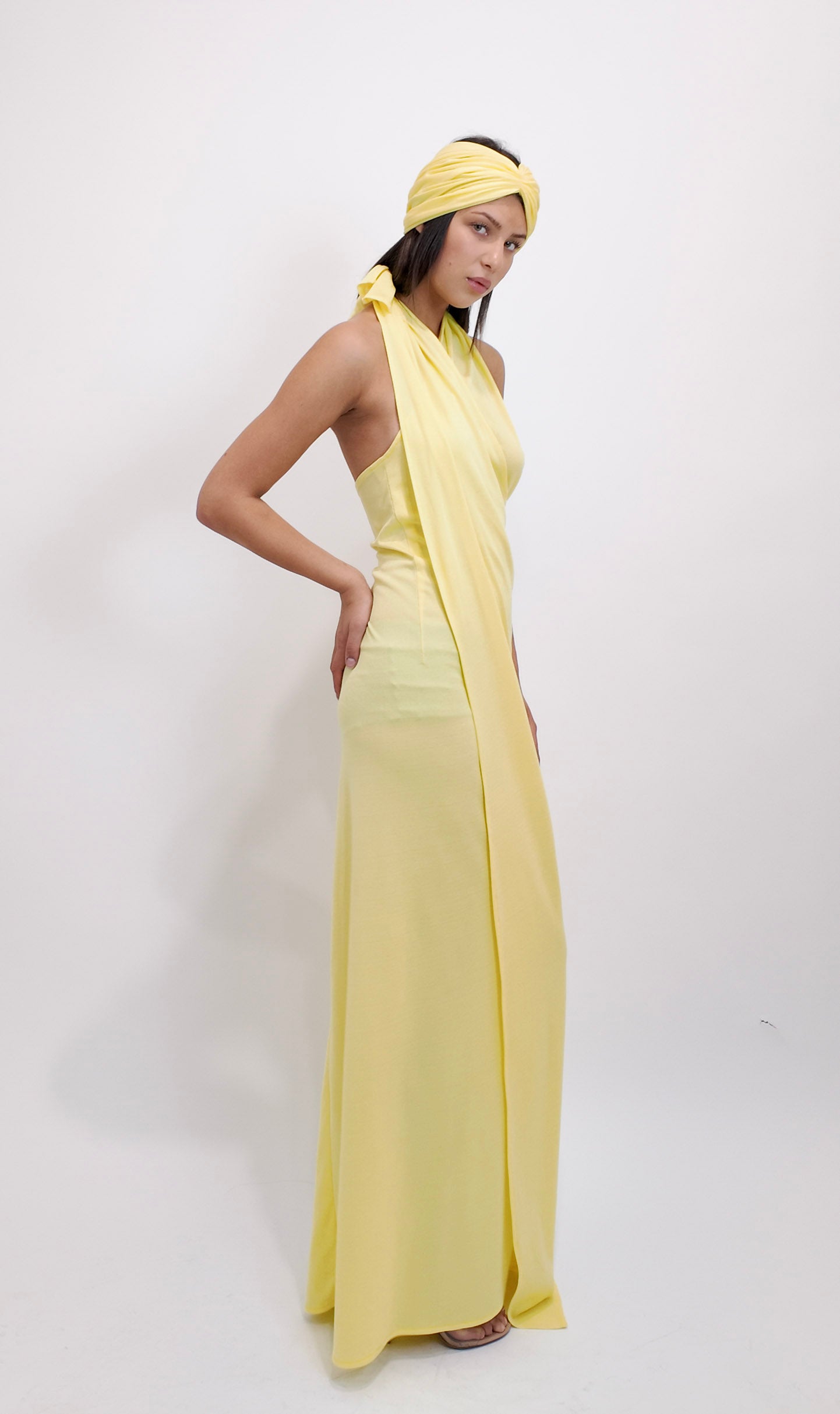 1970s Yellow Jersey Halter Wrap Dress and Turban Set