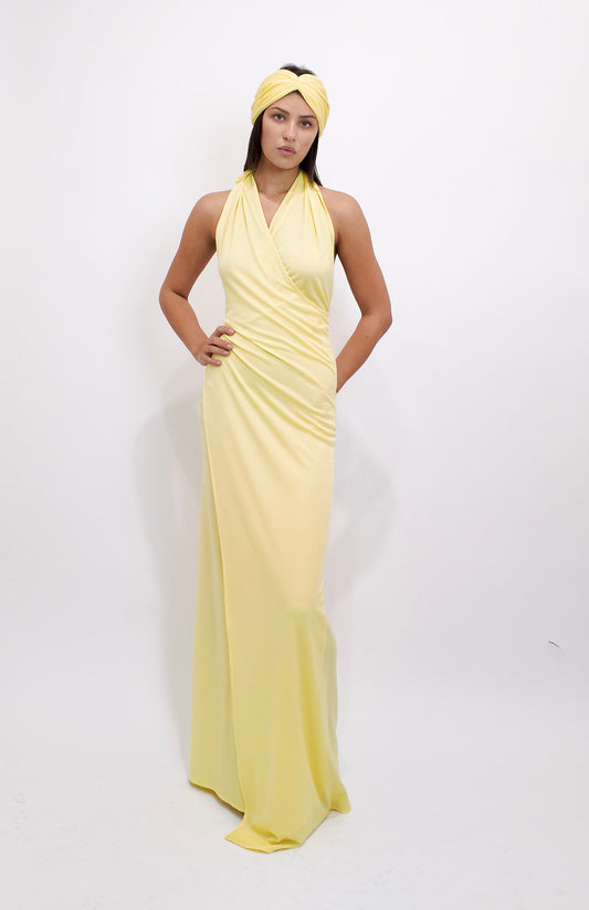 Vintage 1970s Yellow Jersey Halter Wrap Dress and Turban Set