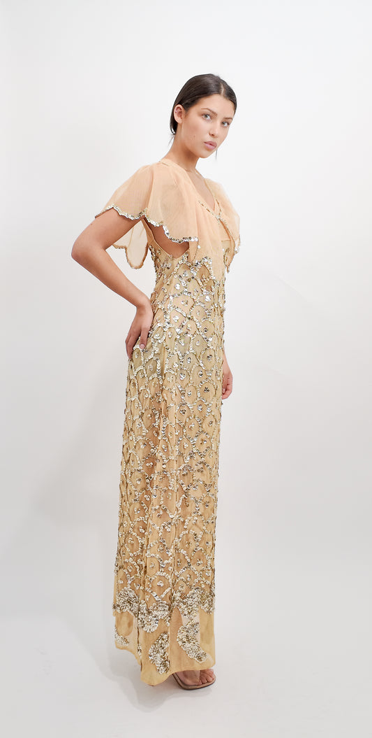 1970's French Custom Nude Dress Nude with Sequins