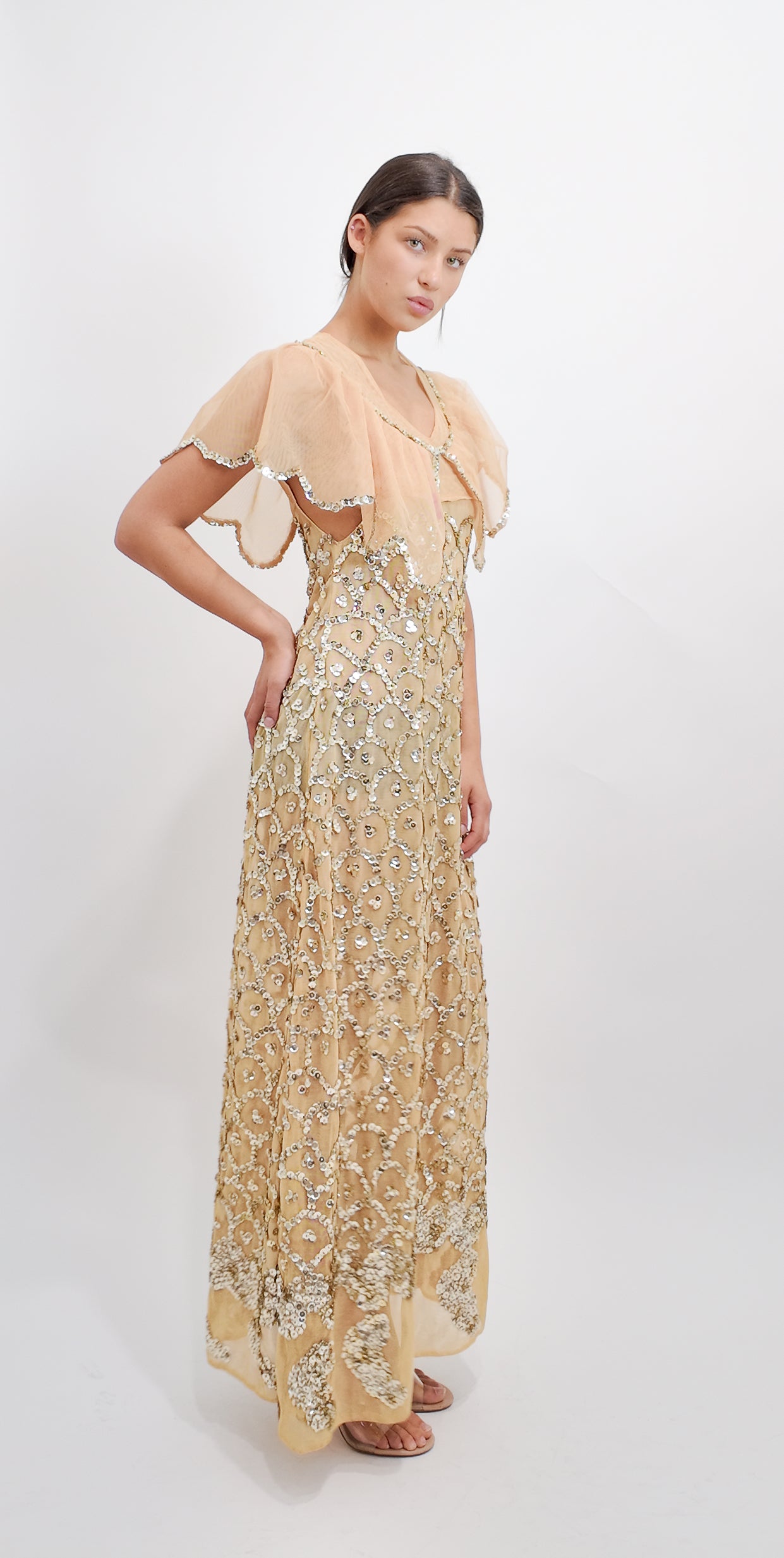 1970's French Custom Nude Dress Nude with Sequins