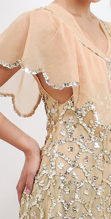 1970's French Custom Nude Dress Nude with Sequins