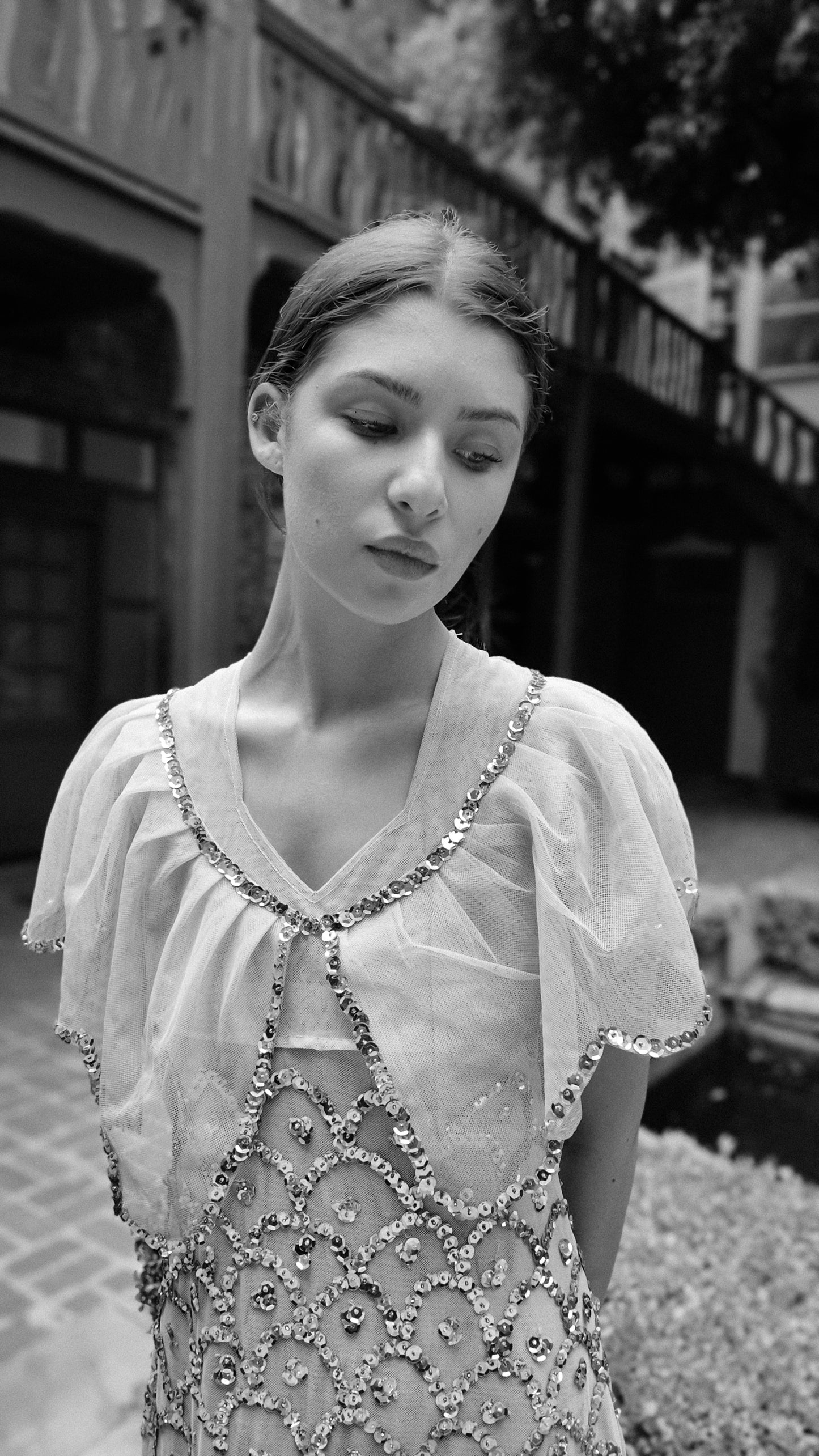 1970's French Custom Nude Dress Nude with Sequins