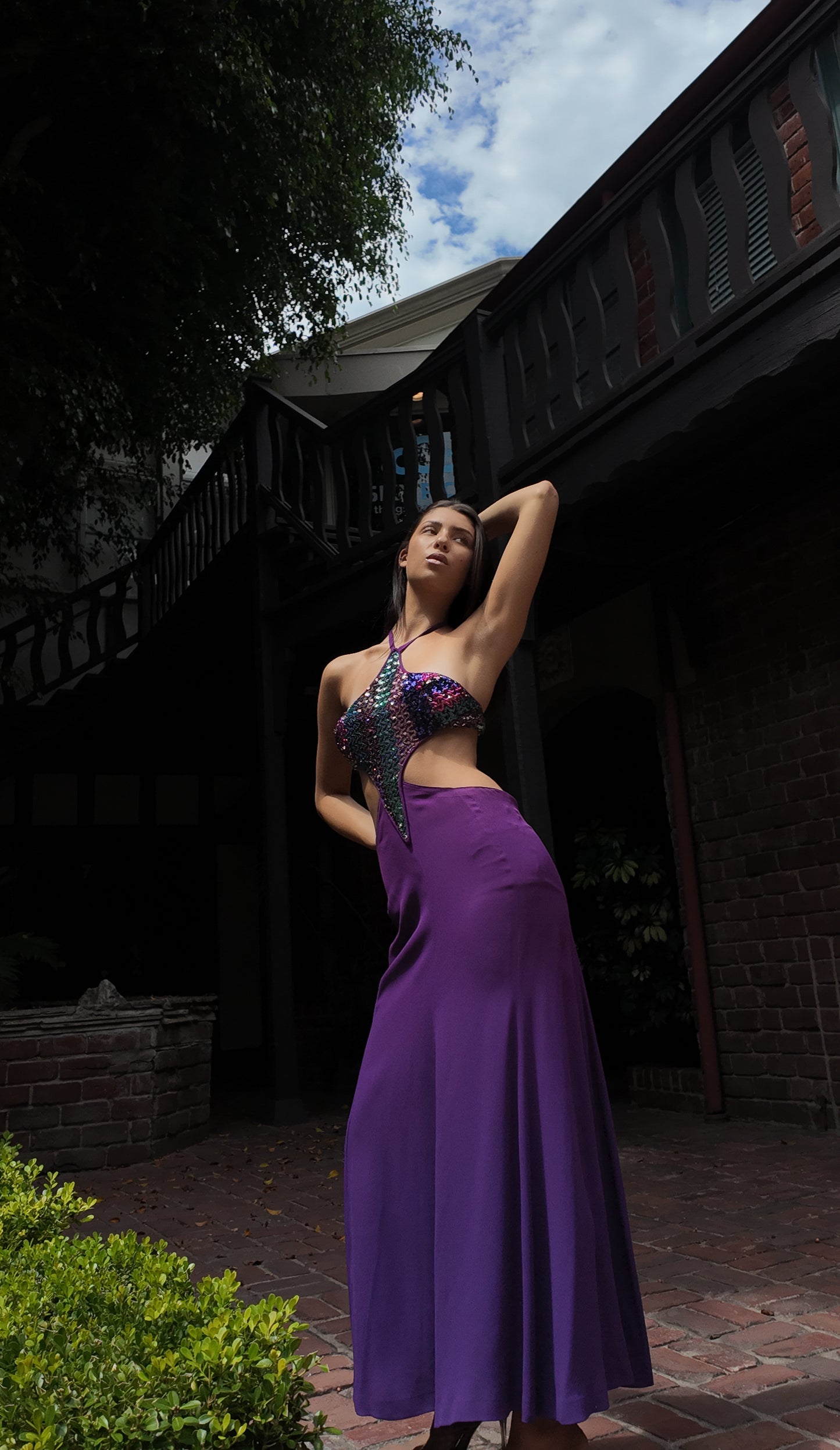 Reinhard Luthier Custom Purple 1970's Backless Sequin Dress