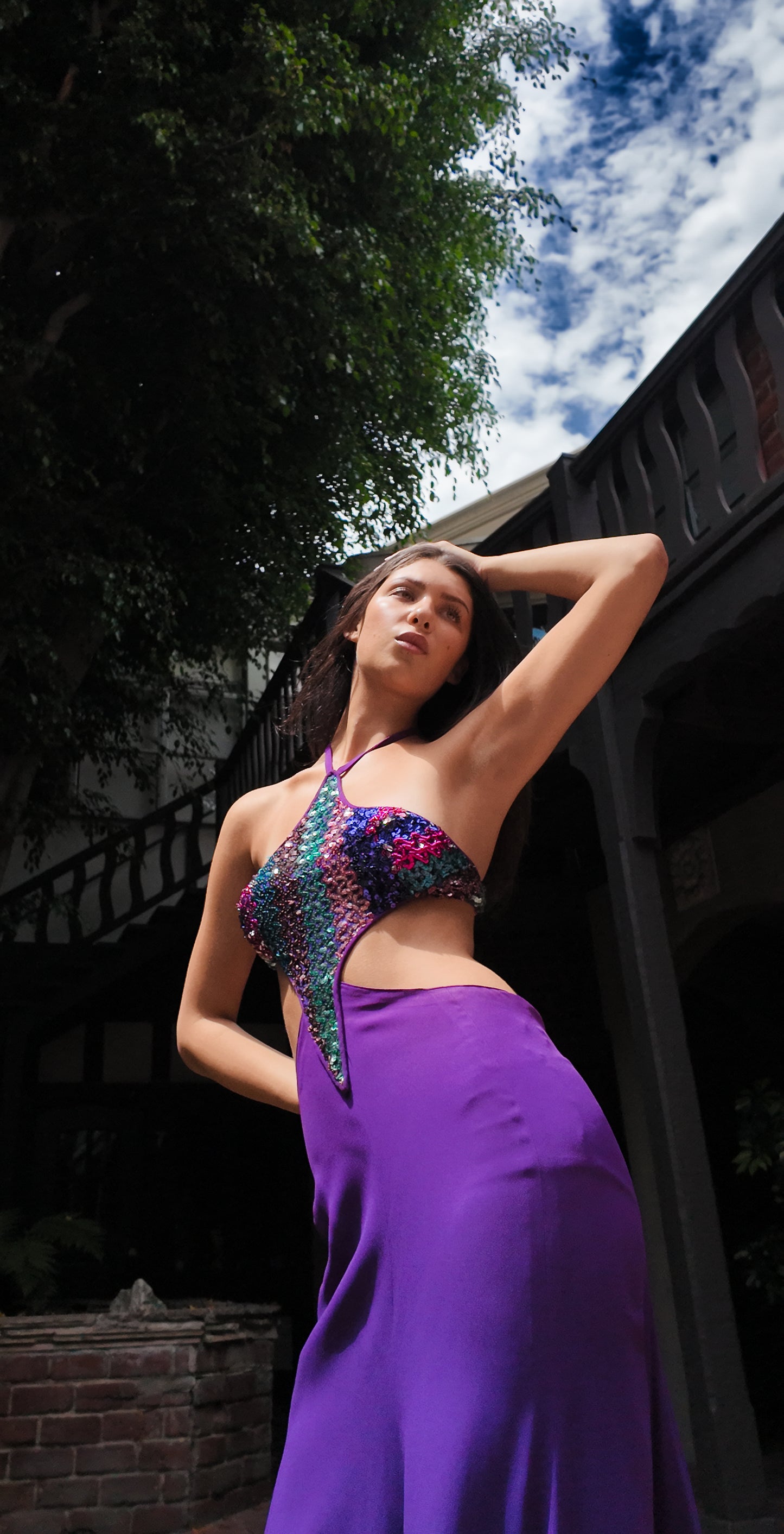 Reinhard Luthier Custom Purple 1970's Backless Sequin Dress