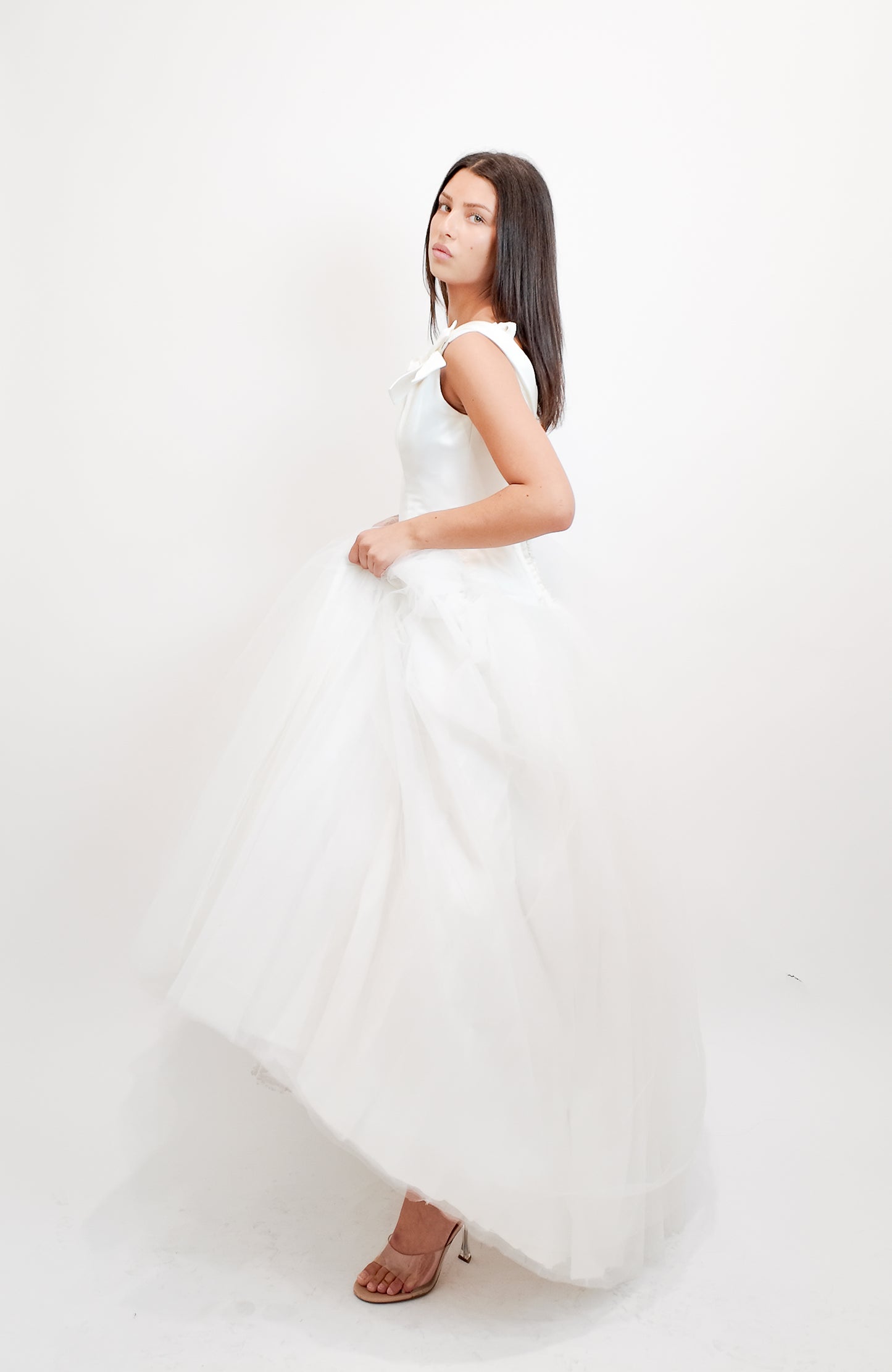 1997 Bob Evans from Neiman Marcus Silk Off the Shoulder Bow Detail Gown with Tulle Skirt
