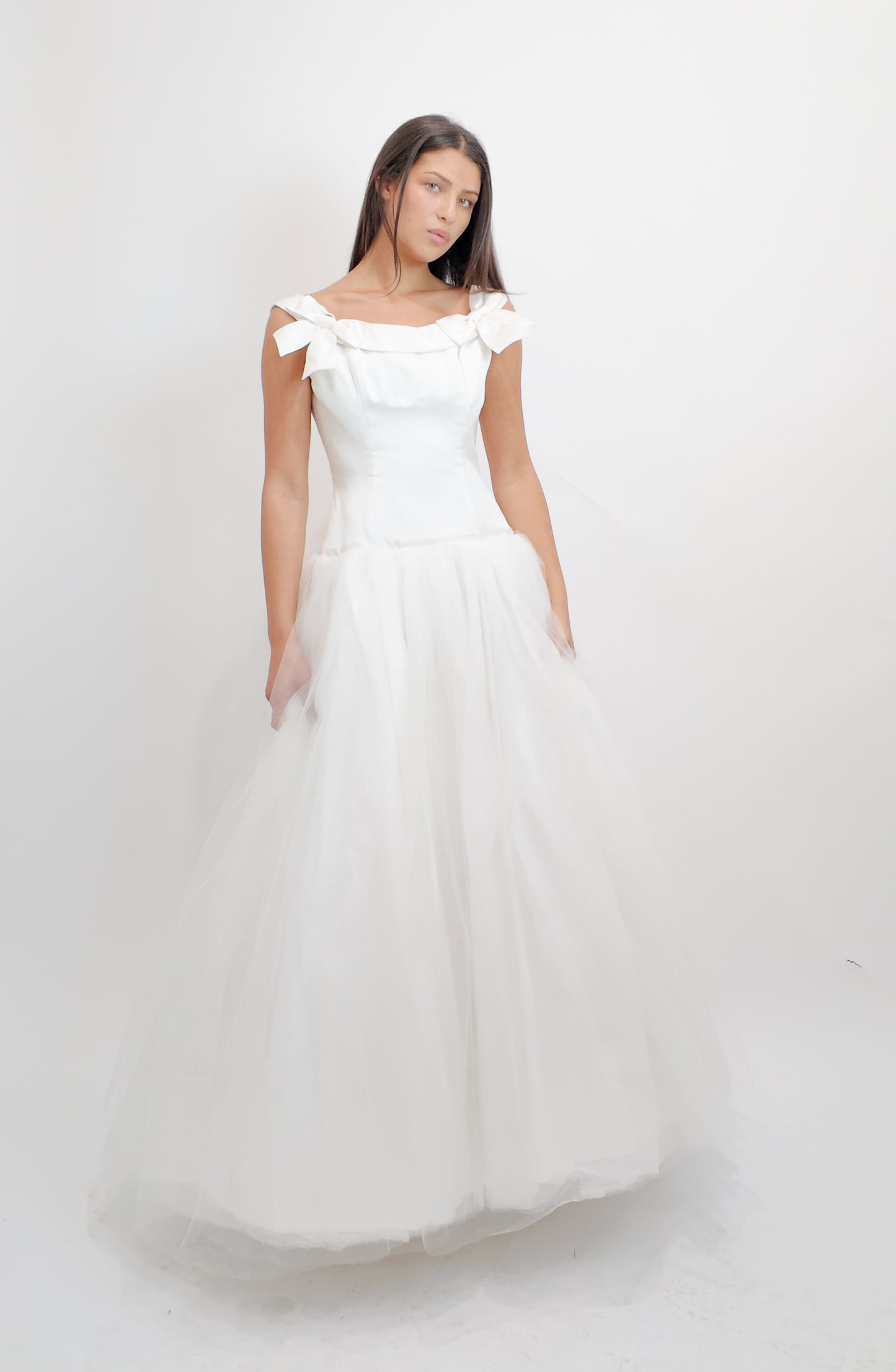1997 Bob Evans from Neiman Marcus Silk Off the Shoulder Bow Detail Gown with Tulle Skirt