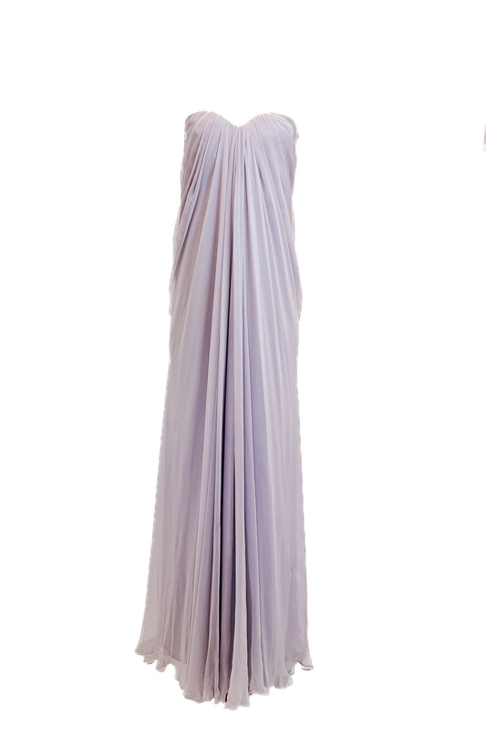 Long strapless dress in light purple on a white background