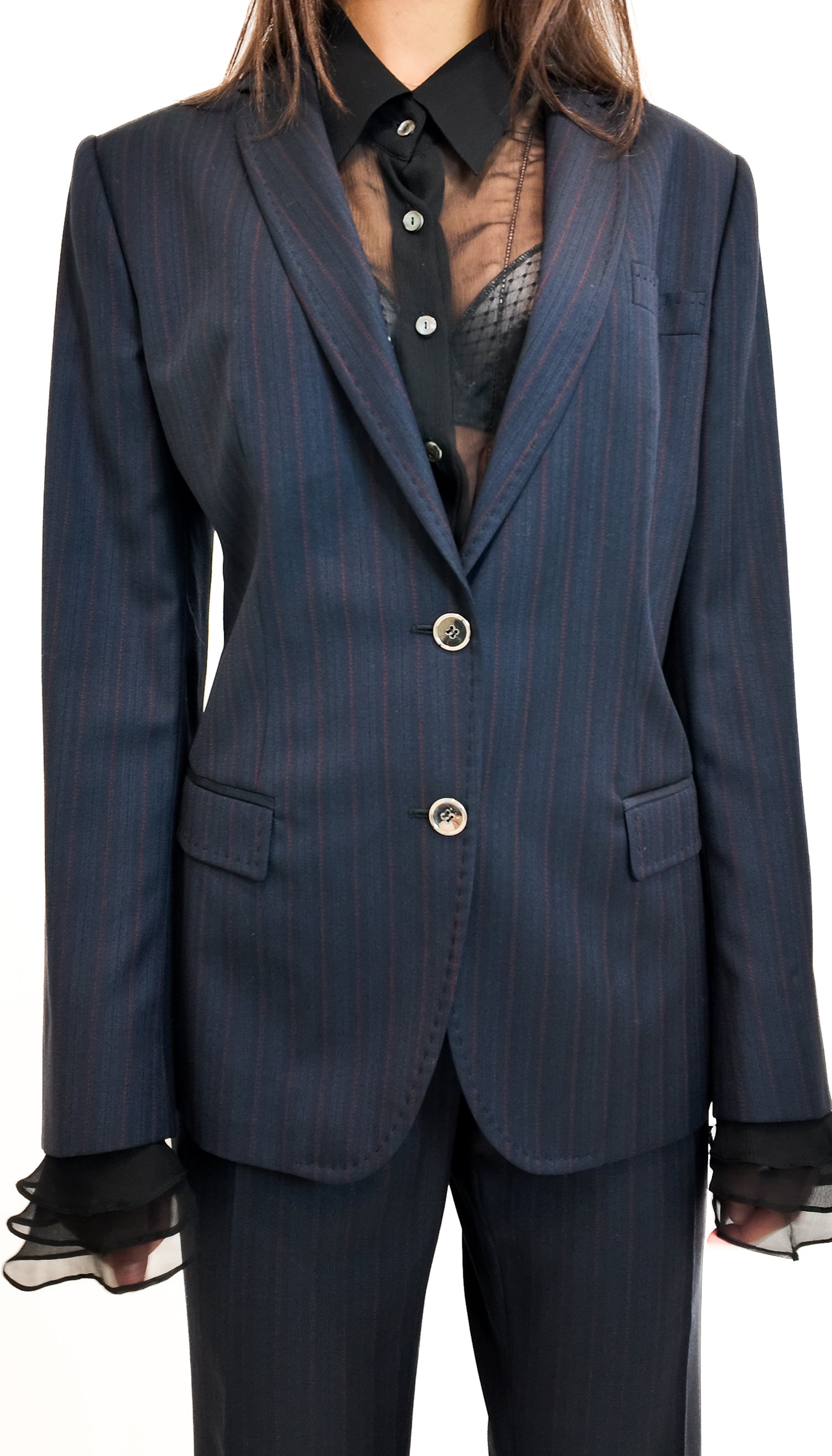 Navy pinstripe suit jacket with a white background