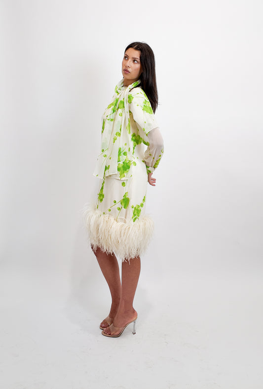 Pierre Cardin Vintage 1960s Chiffon Printed Cocktail Dress with Ostrich Feather Hem