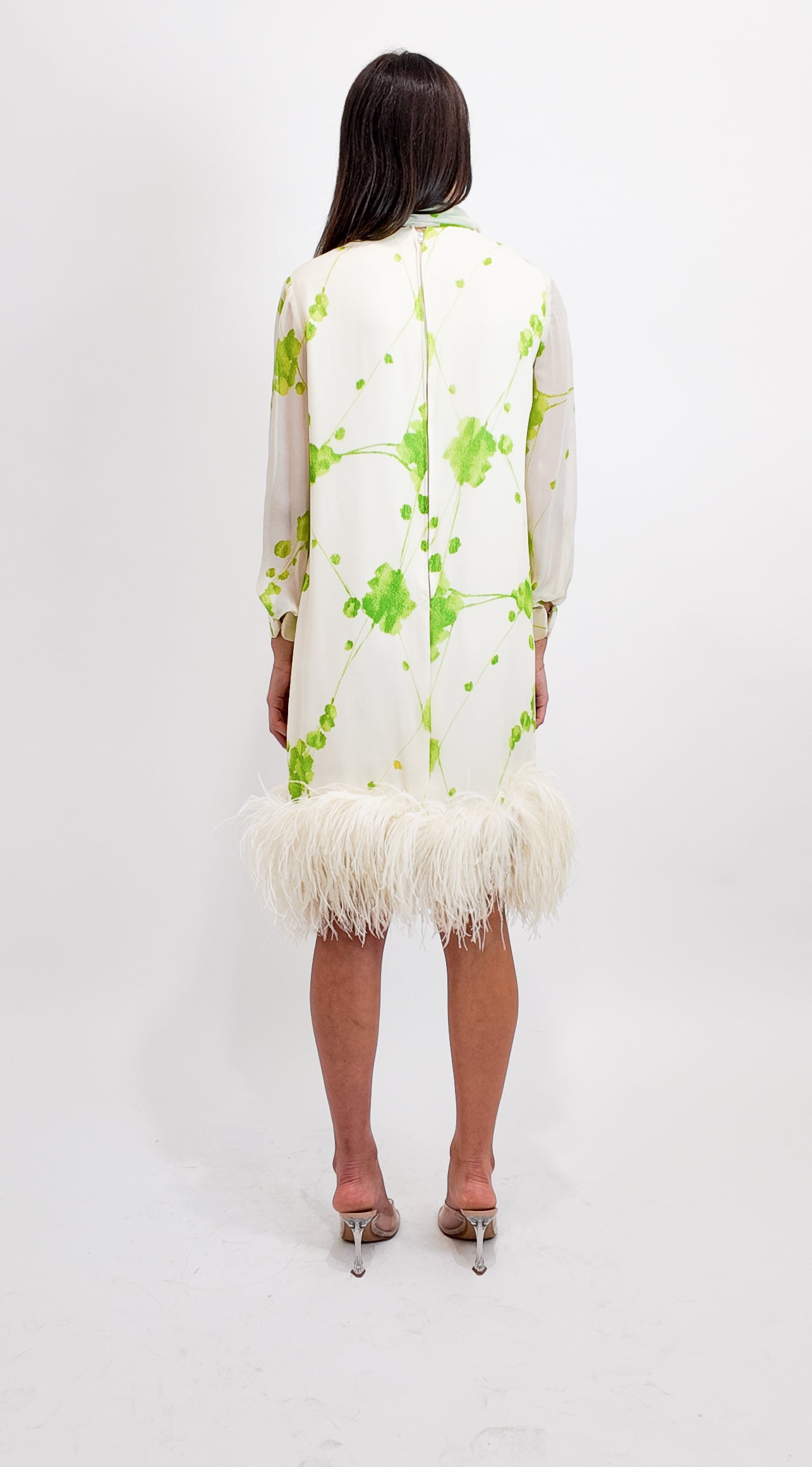 Pierre Cardin 1960s Chiffon Printed Cocktail Dress with Ostrich Feather Hem