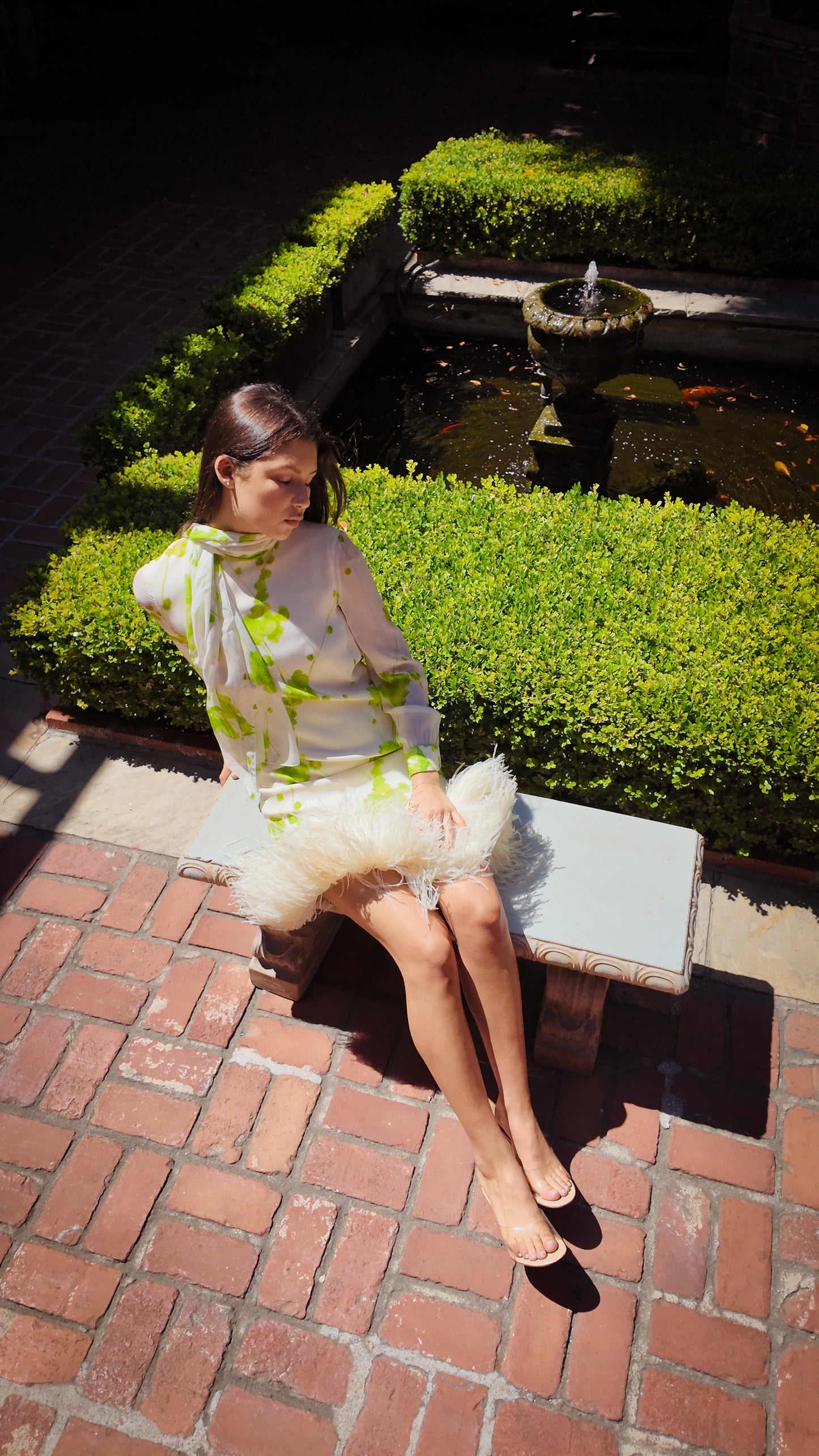 Pierre Cardin 1960s Chiffon Printed Cocktail Dress with Ostrich Feather Hem