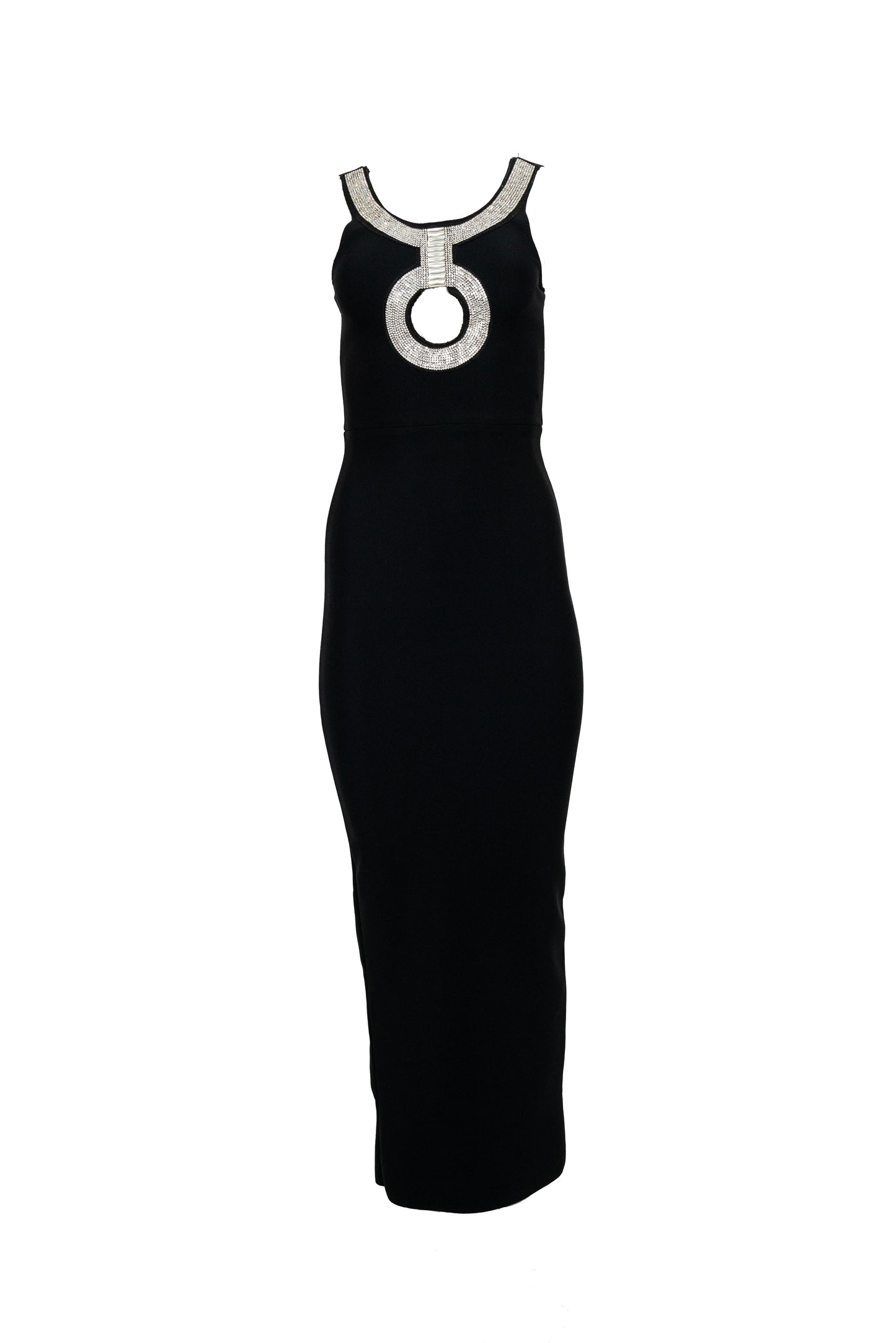 Black dress with a circular silver detail on a white background