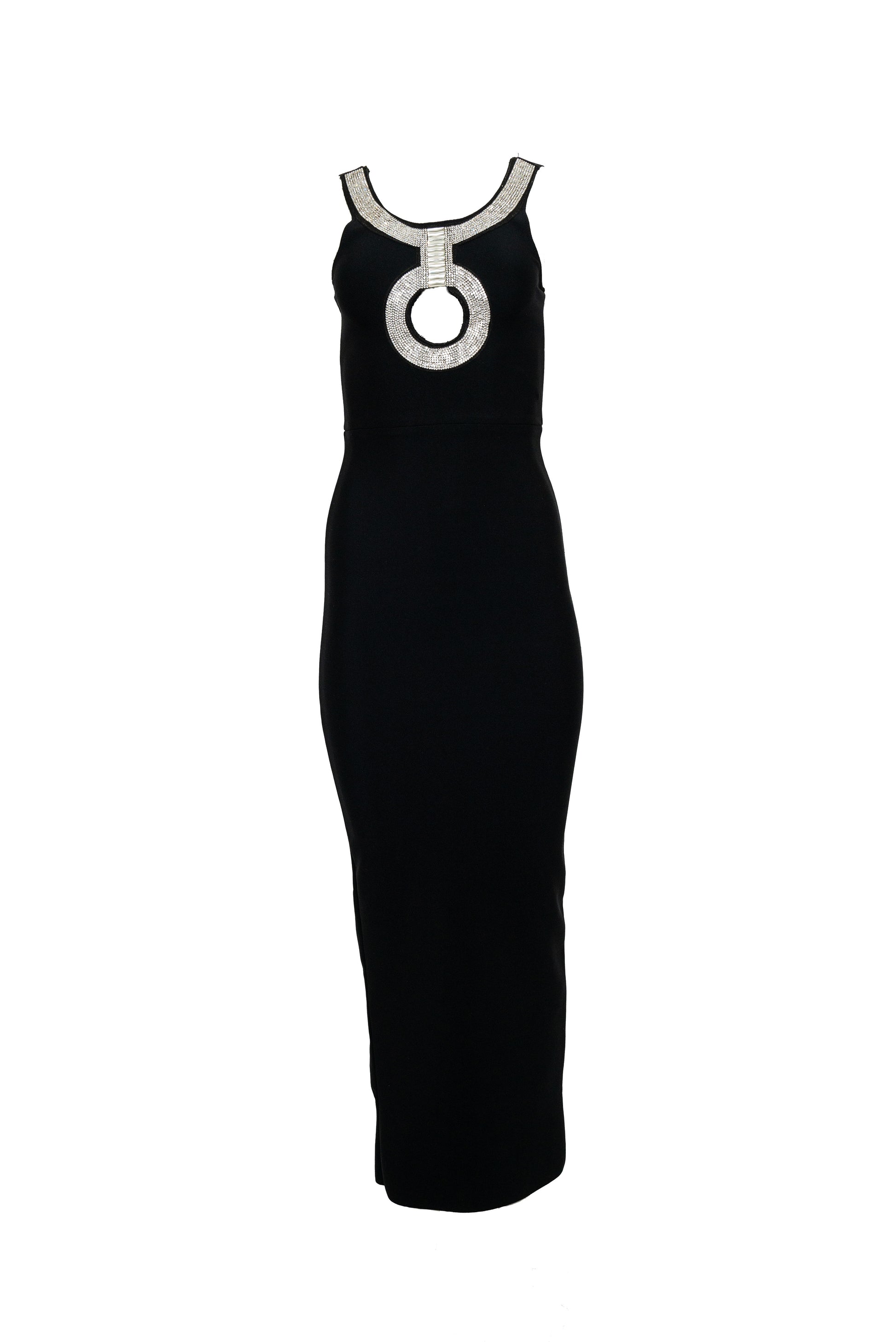 Black dress with a circular silver detail on a white background