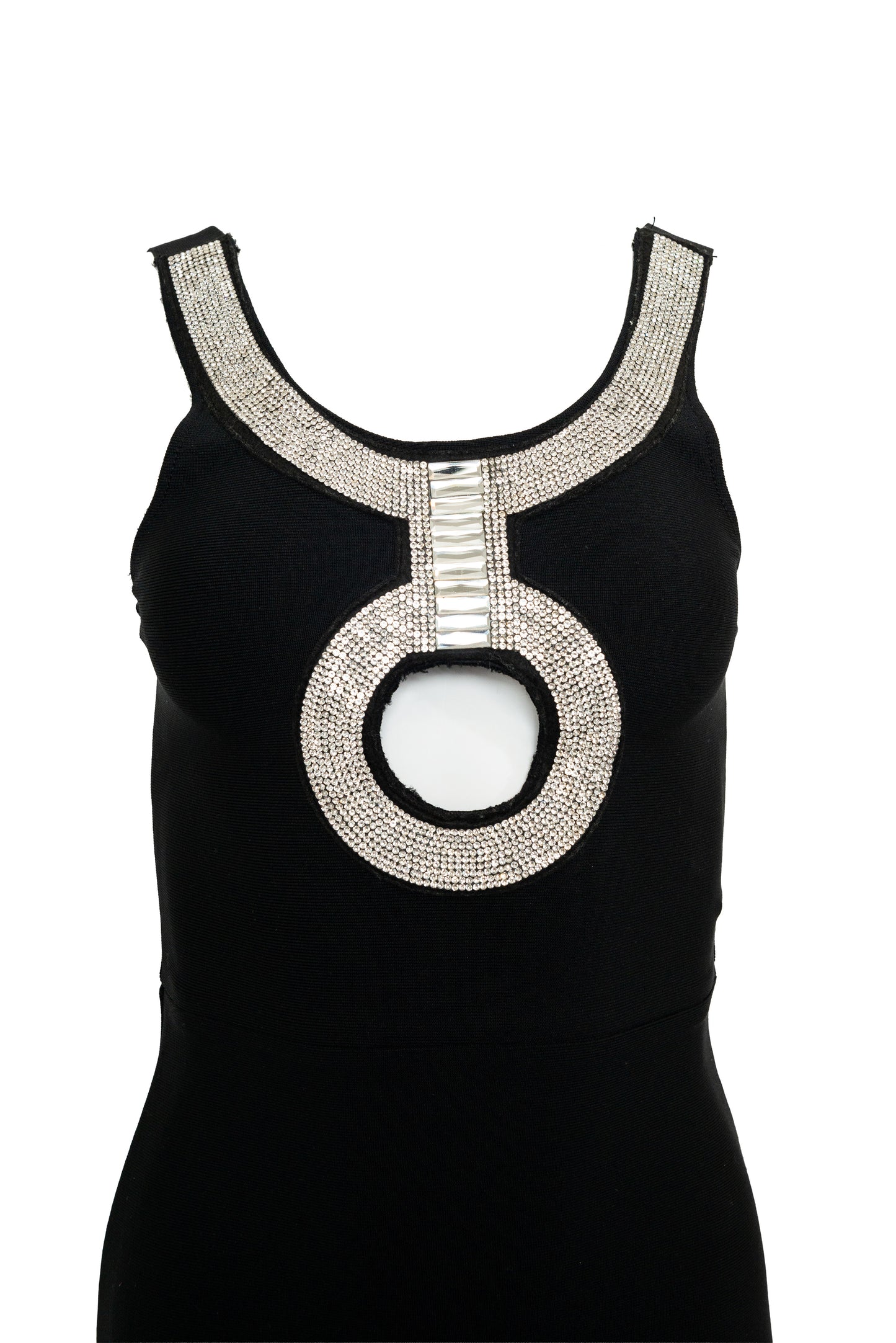 Black sleeveless dress with circular embellishments on a white background